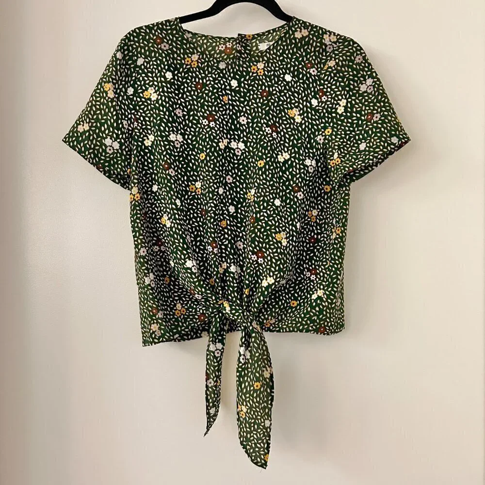 Madewell 100% Silk Button-Back Tie Tee in Dropleaf Floral in Forest Green Size S - Picture 3 of 9